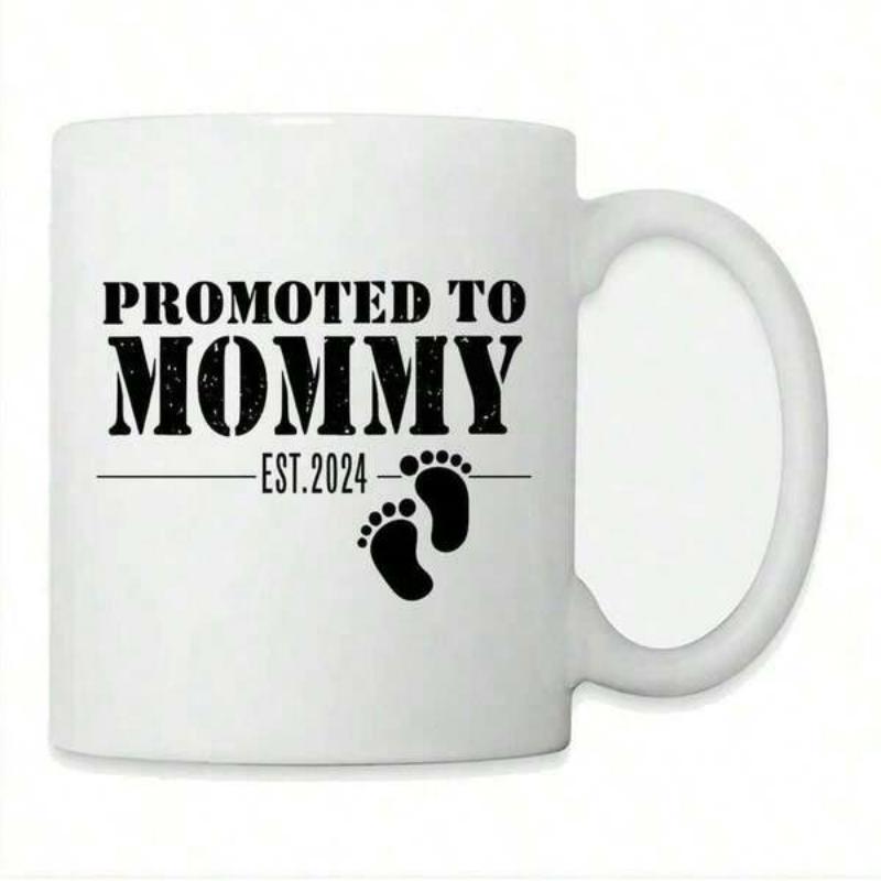 Tailorly White Ceramic 11 oz Mug - Promoted To Mommy Est 2024 Tiny Cute Baby Footprints With Decorative Horizontal Line And Vintage Stencil Letters Mug