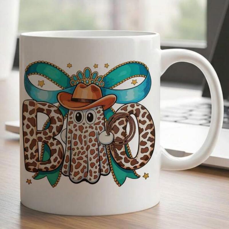 Tailorly White Ceramic 11 oz Mug - Boo Wild Leopard Skin Style Decorated With Large Bright Teal Bow Ghost