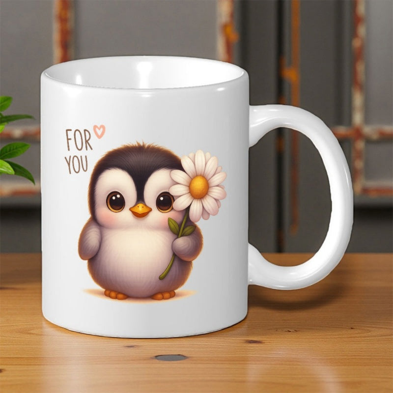 Tailorly White Ceramic 11 oz Mug - For You Adorable Little Baby Holding A White Daisy Flower Under Soft Lighting Penguin
