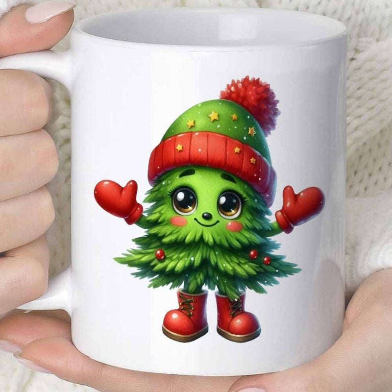 Tailorly White Ceramic 11 oz Mug - Adorable Smiling Festive Character Wearing Red Winter Hat And Warm Mittens Tree
