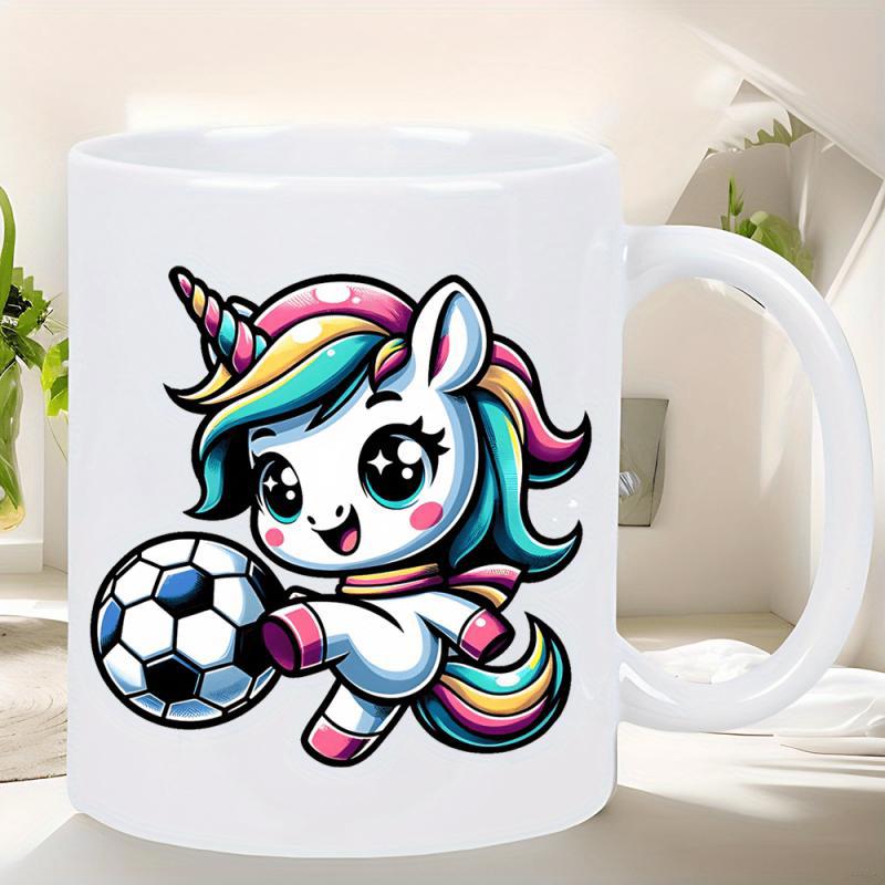 Tailorly White Ceramic 11 oz Mug - Magical Colorful Rainbow Mane Chibi Character Playing With A Soccer Ball Unicorn