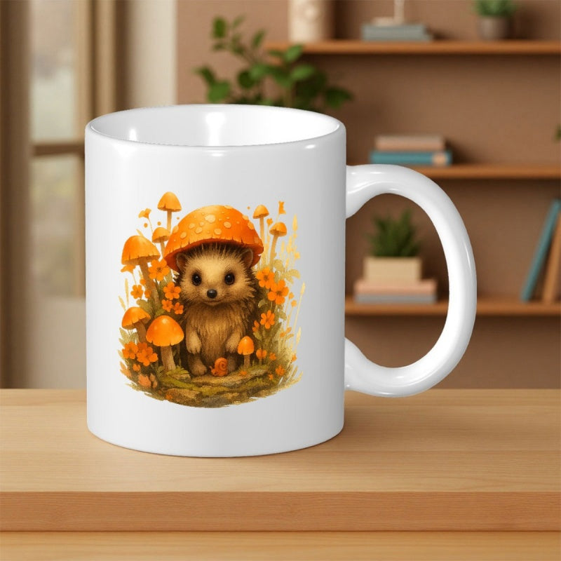 Tailorly White Ceramic 11 oz Mug - Adorable Small Sitting Sheltered Under A Large Vibrant Orange Spotted Mushroom Hedgehog