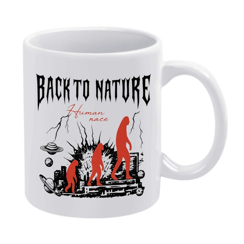 Tailorly White Ceramic 11 oz Mug - Back To Nature Human Race Red Evolution Silhouettes Among Cosmic Planets And Industrial Urban Landscapes Human