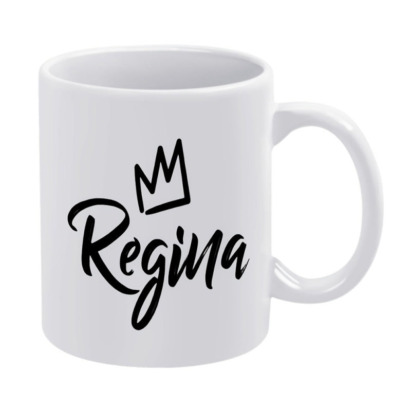 Tailorly White Ceramic 11 oz Mug - Regina Elegant Hand Written Script With Minimalist Artistic Style Crown