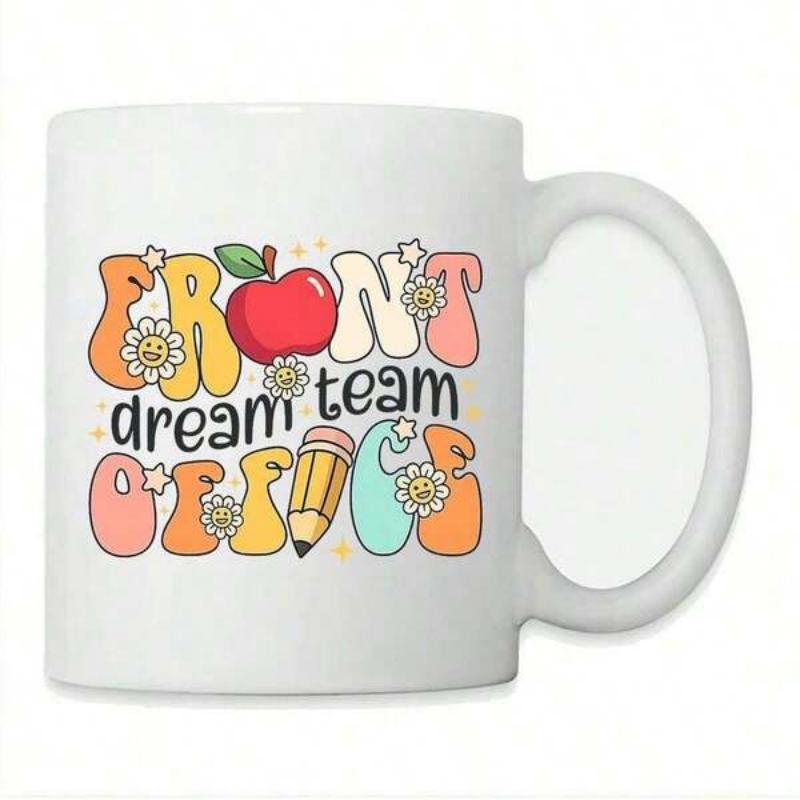 Tailorly White Ceramic 11 oz Mug - Front Dream Team Office Colorful Retro Aesthetic With Red Apple And Pencil Mug