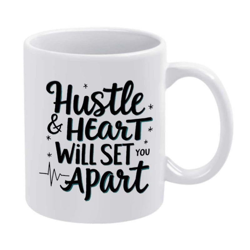 Tailorly White Ceramic 11 oz Mug - Hustle Heart Will Set You Apart Elegant Script Typography With Heartbeat Lines And Sparkling Decorative Elements Mug