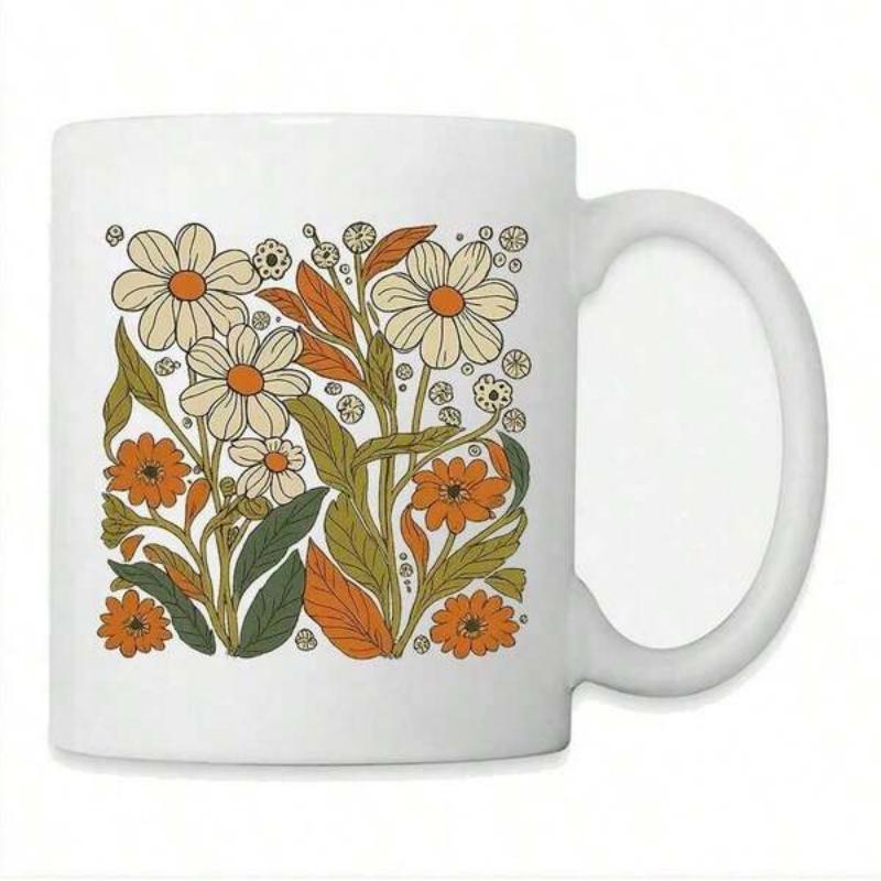 Tailorly White Ceramic 11 oz Mug - Retro Stylized Flowers With Vibrant Orange Daisies Among Delicate Green Leaves Flower