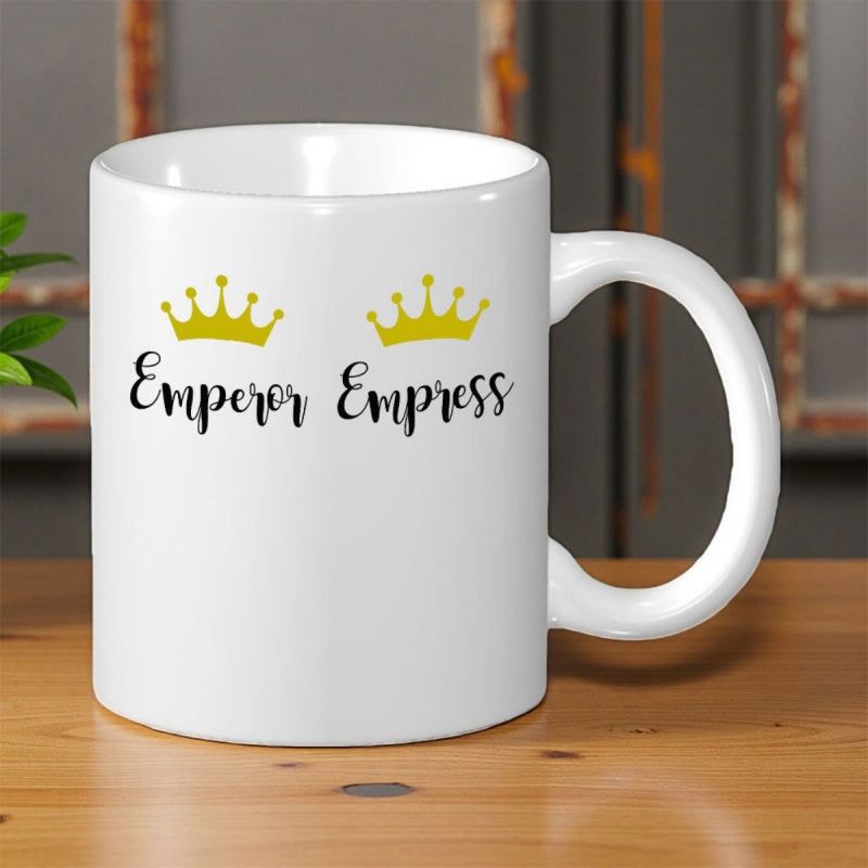 Tailorly White Ceramic 11 oz Mug - Emperor Empress Two Golden Imperial Coronets Sitting Above Elegant Cursive Lettering Royal Crown