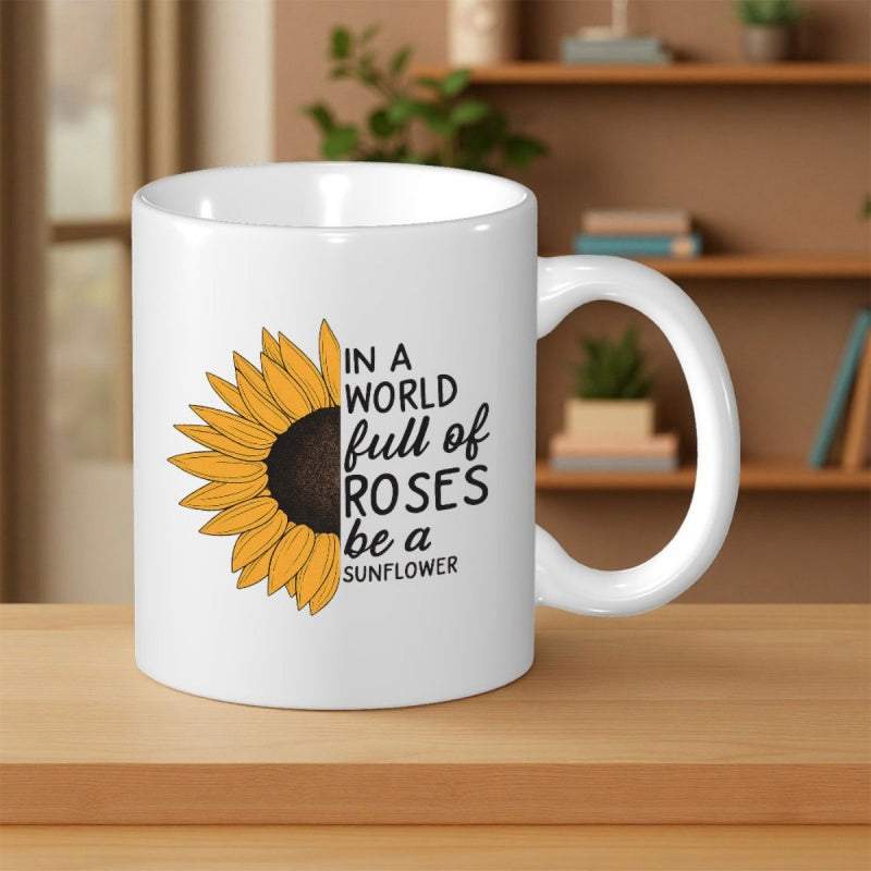 Tailorly White Ceramic 11 oz Mug - In A World Full Of Roses Be A Sunflower Half Blooming Yellow Petals With Artistic Quote Sunflower