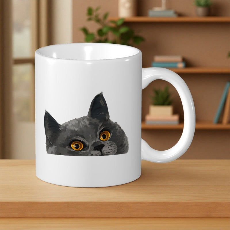 Tailorly White Ceramic 11 oz Mug - Curious Black Peeking Feline With Bright Golden Eyes Watching Silently Cat
