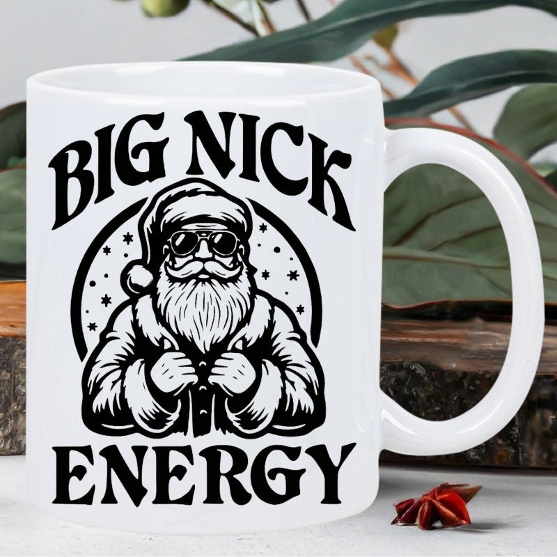 Tailorly White Ceramic 11 oz Mug - Big Nick Energy Cool Santa Claus Wearing Sunglasses Framed Within A Starry Circular Border Santa