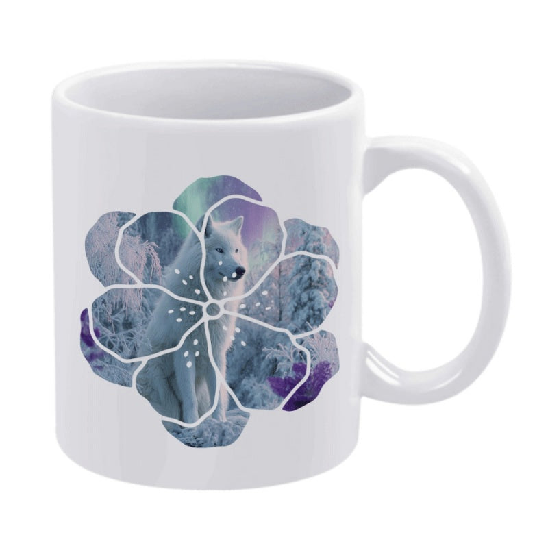 Tailorly White Ceramic 11 oz Mug - Majestic White Wolf Inside Floral Outline Among Snowy Winter Forest Wolf