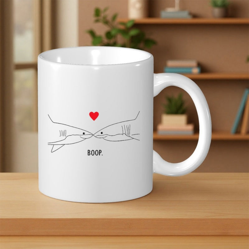 Tailorly White Ceramic 11 oz Mug - I You Boop Minimalist Sketch Of Two Sharks Touching Noses Beneath A Small Red Heart Shark