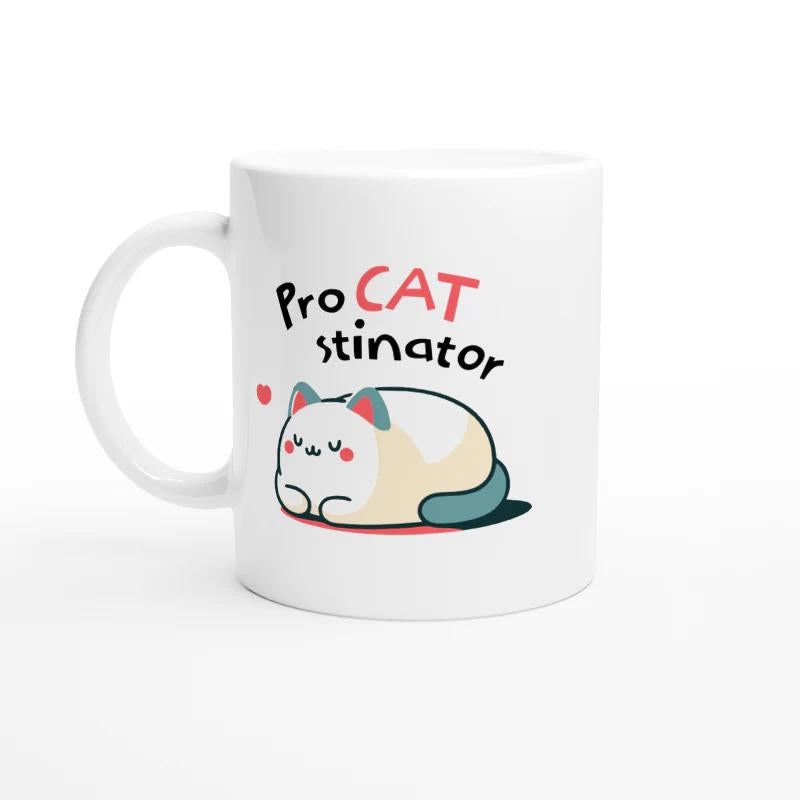Tailorly White Ceramic 11 oz Mug - Pro Cat Stinator Chubby White Kitten Resting Peacefully With A Tiny Red Heart Cat