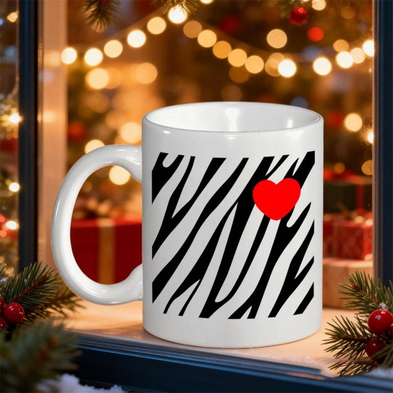 Tailorly White Ceramic 11 oz Mug - Bold Modern Textured Zebra Stripes Featuring A Vibrant Red Heart