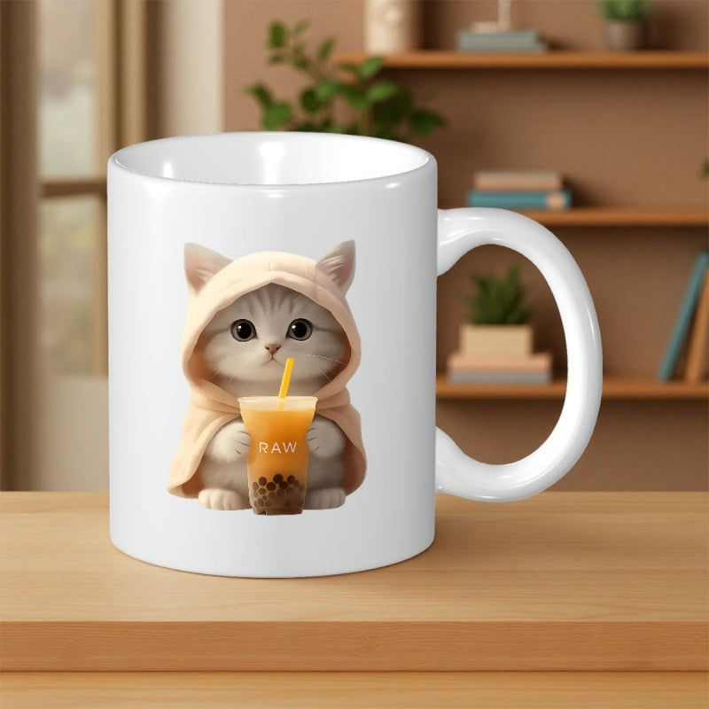 Tailorly White Ceramic 11 oz Mug - Adorable Small Fluffy Kitten Wearing Hooded Blanket Holding Delicious Boba Tea Cat