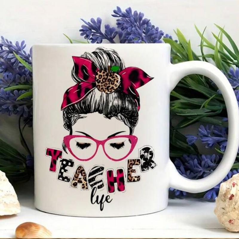 Tailorly White Ceramic 11 oz Mug - Teacher Life Stylized Messy Bun Woman With Leopard Print Bow And Pink Glasses Mug