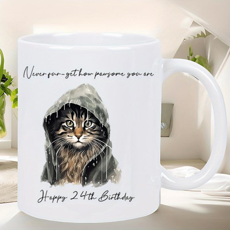 Tailorly White Ceramic 11 oz Mug - Never Forget How Purrsome You Are Happy 24th Birthday Adorable Tabby Wearing Grey Hooded Raincoat Finished In Watercolor Style