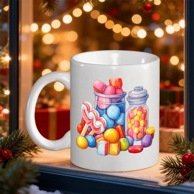 Tailorly White Ceramic 11 oz Mug - Vibrant Watercolor Glass Jars Filled With Colorful Sweets And Lollipops Candy