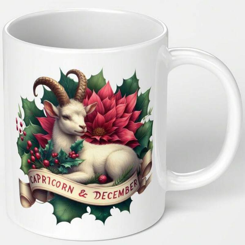 Tailorly White Ceramic 11 oz Mug - Capricorn December White Goat Resting Among Red Poinsettia Flowers And Green Holly Goat