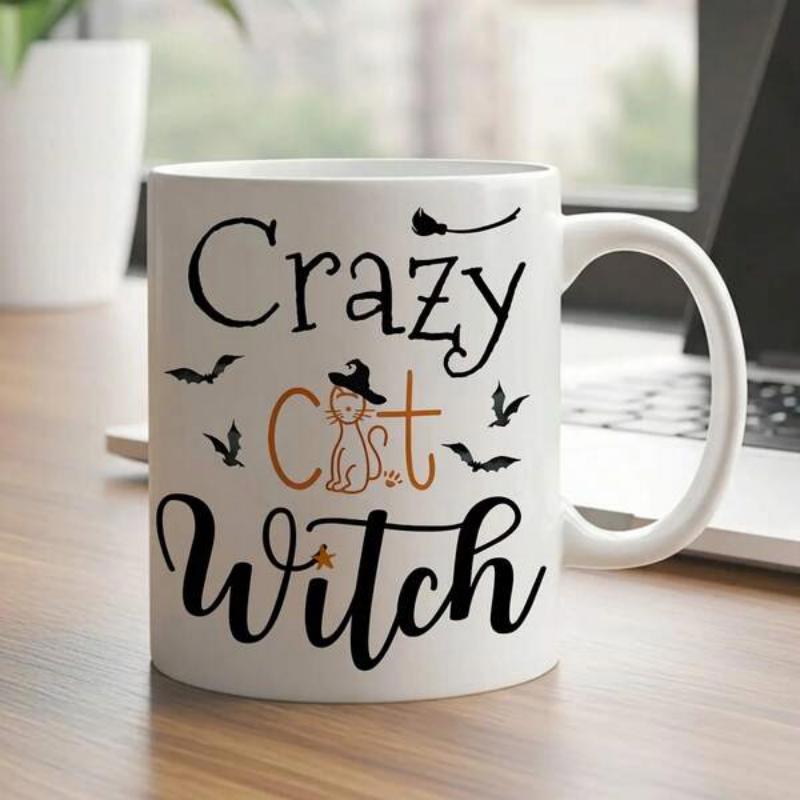 Tailorly White Ceramic 11 oz Mug - Crazy Cat Witch Spooky Halloween Silhouette Featuring Flying Bats And A Whimsical Magic Cat