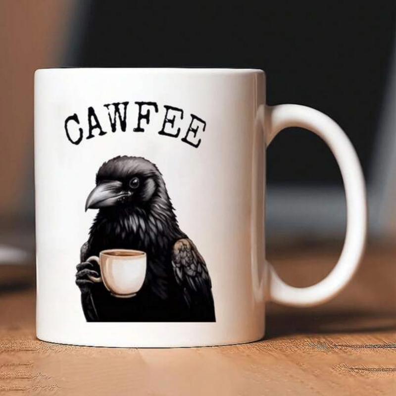 Tailorly White Ceramic 11 oz Mug - Cawfee Detailed Black Crow Holding A Small White Coffee Cup Raven