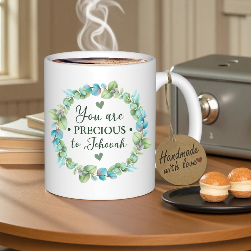Tailorly White Ceramic 11 oz Mug - You Are Precious To Jehovah Vibrant Green Watercolor Leaves Forming A Beautiful Circular Botanical Eucalyptus Wreath