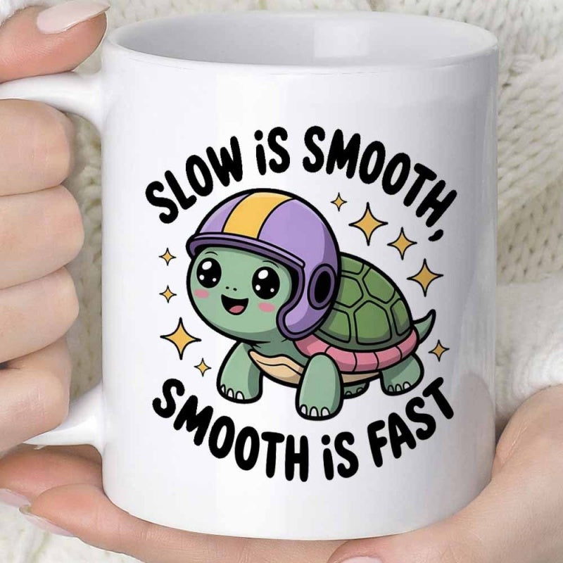 Tailorly White Ceramic 11 oz Mug - Slow Is Smooth Smooth Is Fast Cartoon Character Wearing A Purple Helmet Surrounded By Shining Stars Turtle