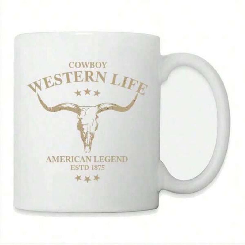 Tailorly White Ceramic 11 oz Mug - Cowboy Western Life American Legend Estd 1875 Vintage Metallic Style Longhorn Skull Surrounded By Decorative Traditional Western