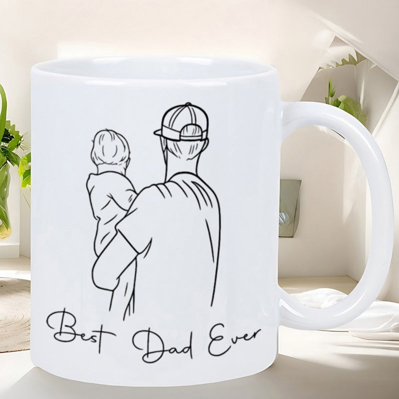 Tailorly White Ceramic 11 oz Mug - Best Dad Ever Minimalist Hand Drawn Line Art Of Parent Holding Young Child Father