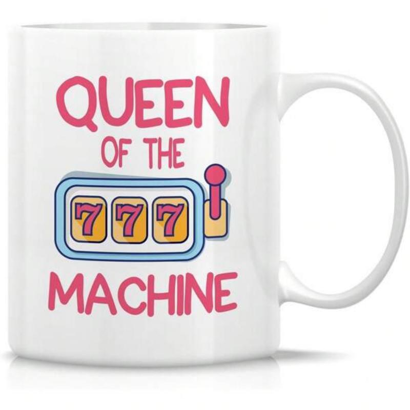 Tailorly White Ceramic 11 oz Mug - Queen Of The Machine Colorful Slot Machine Icon Showing Lucky Number Triple Seven With Lever Machine