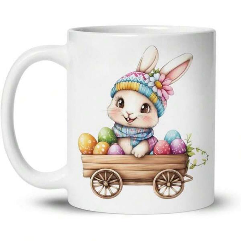 Tailorly White Ceramic 11 oz Mug - Adorable Colorful Rabbit Sitting Inside Rustic Wooden Cart Filled With Eggs Bunny
