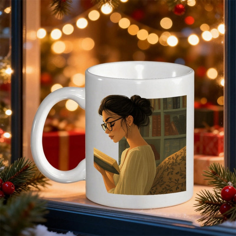 Tailorly White Ceramic 11 oz Mug - Studious Young Woman Reading Book Before Cozy Library Bookshelves Woman