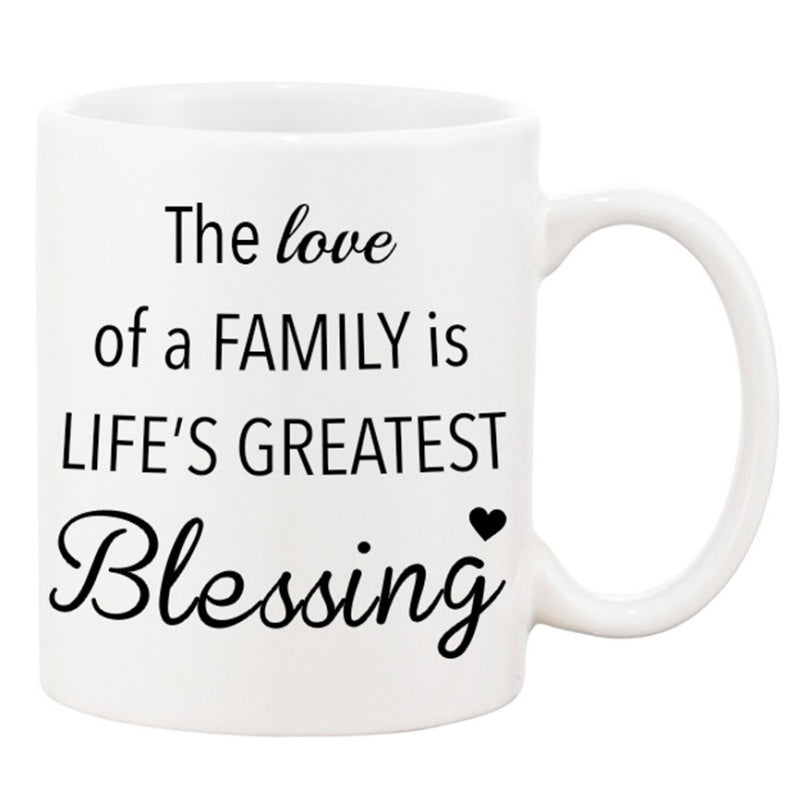 Tailorly White Ceramic 11 oz Mug - The Love Of A Family Is Life's Greatest Blessing Classic White Ceramic Material Featuring Minimalist Black Typography And Heart
