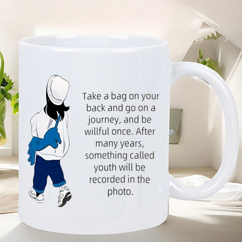 Tailorly White Ceramic 11 oz Mug - Take A Bag On Your Back And Go On A Journey Minimalist Line Art Style Of A Person Carrying A Blue Bag Mug