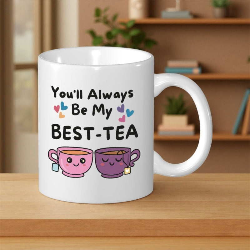 Tailorly White Ceramic 11 oz Mug - Youll Always Be My Best Tea Two Smiling Cute Cartoon Cups Featuring Colorful Small Decorative Hearts Teacups