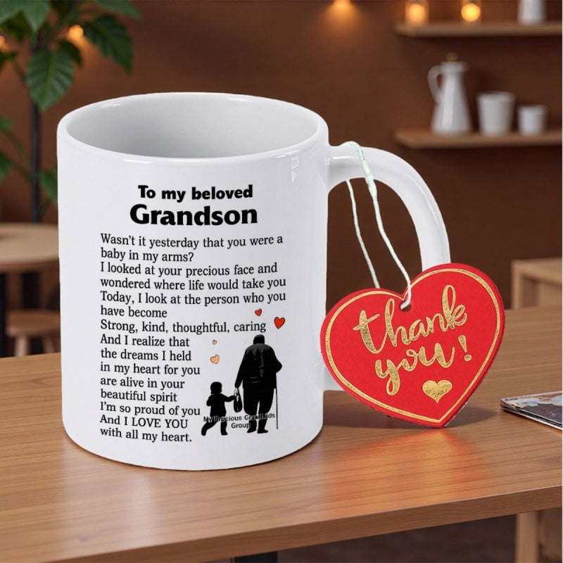 Tailorly White Ceramic 11 oz Mug - To My Beloved Grandson Thank You Grandfather And Child Walking Hand In Hand Under Heartwarming Poem Mug