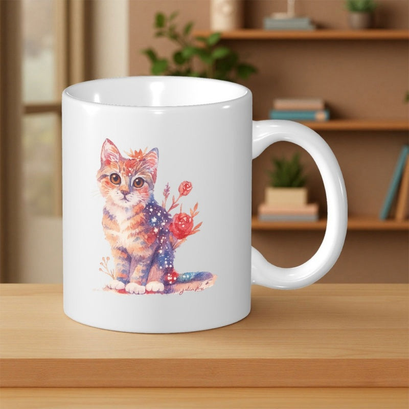 Tailorly White Ceramic 11 oz Mug - Adorable Ginger Watercolor Kitten Wearing Starry Scarf Among Blooming Red Roses Cat