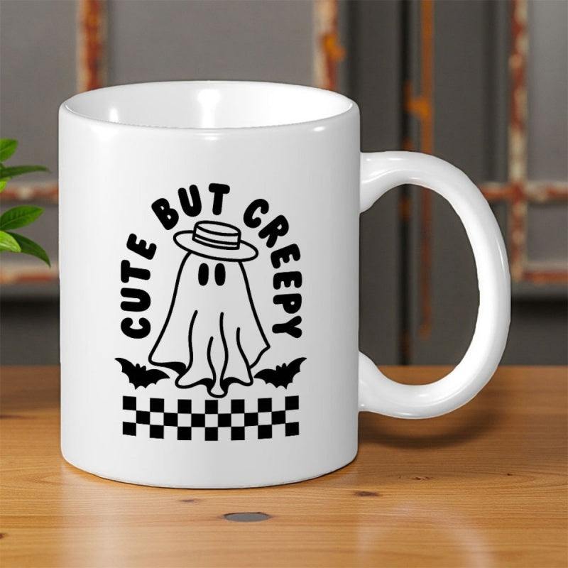 Tailorly White Ceramic 11 oz Mug - Cute But Creepy Minimalist Black Outline Featuring Playful Bats And Vintage Checkered Pattern Ghost