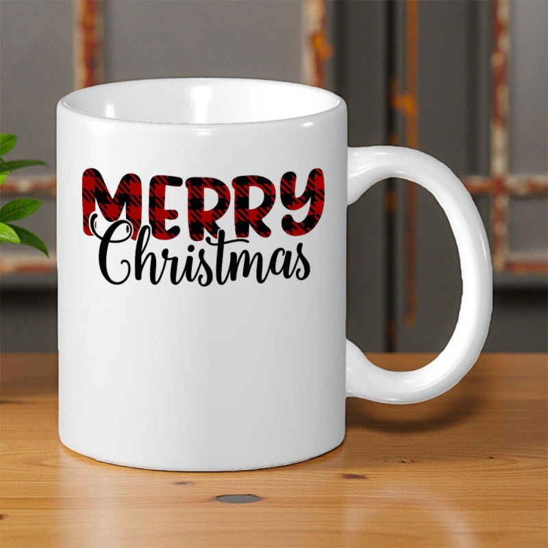 Tailorly White Ceramic 11 oz Mug - Merry Christmas Festive Red Buffalo Plaid Hand Written Script Style Christmas