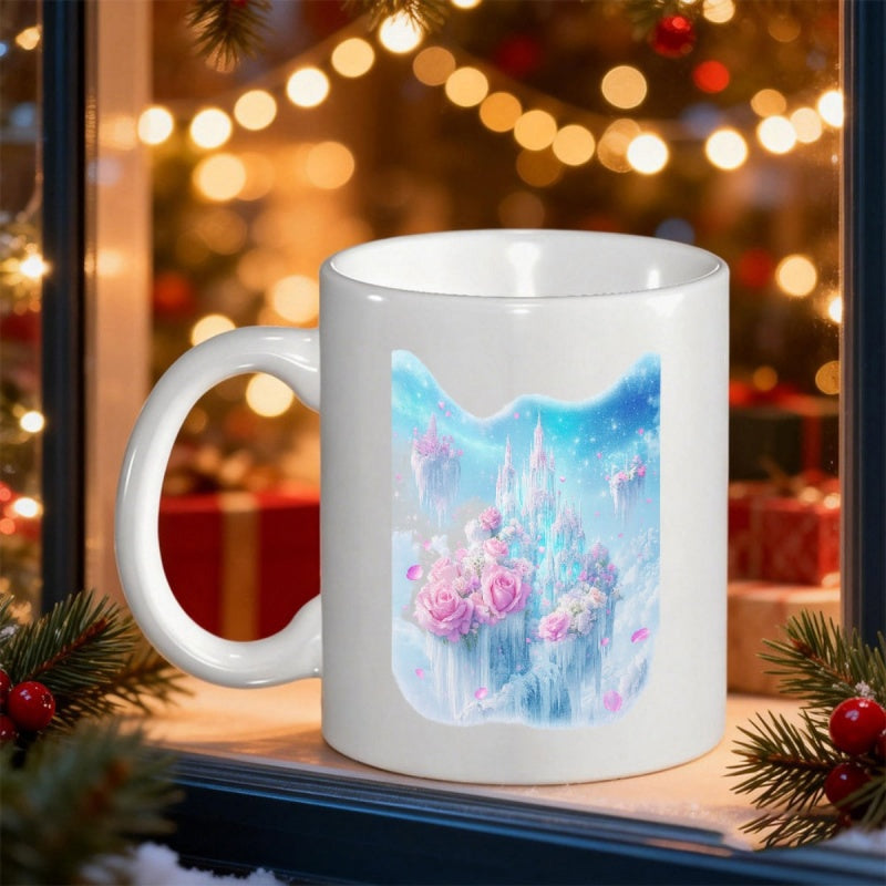 Tailorly White Ceramic 11 oz Mug - Ethereal Pink Roses Blooming Among Glowing Blue Fantasy Icy Spired Castle