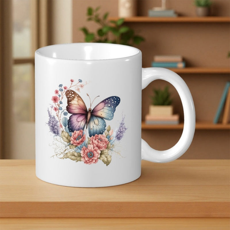 Tailorly White Ceramic 11 oz Mug - Vibrant Wings Resting On Delicate Blooming Flowers In A Serene Garden Butterfly