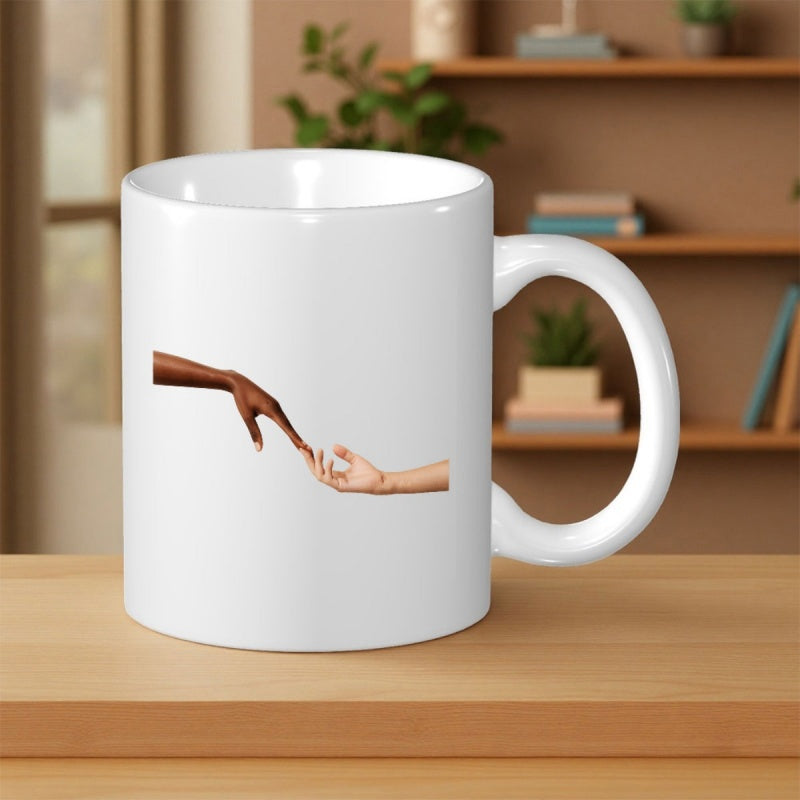 Tailorly White Ceramic 11 oz Mug - Minimalist Artistic Representation Of Diverse Skin Tones Reaching Out In Unity Hands