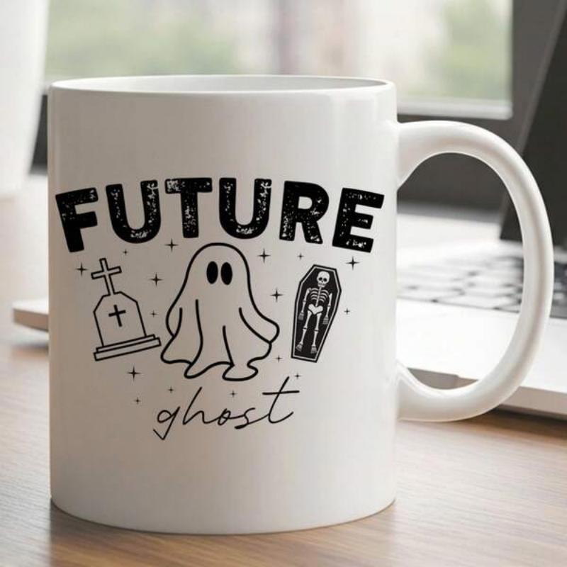 Tailorly White Ceramic 11 oz Mug - Future Ghost Playful Hand Drawn Spooky Halloween Elements With Coffin And Tombstone Ghost