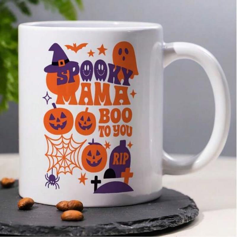 Tailorly White Ceramic 11 oz Mug - Spooky Mama Boo To You Playful Halloween Symbols With Glowing Pumpkins And Friendly Ghosts Among Stars Mug