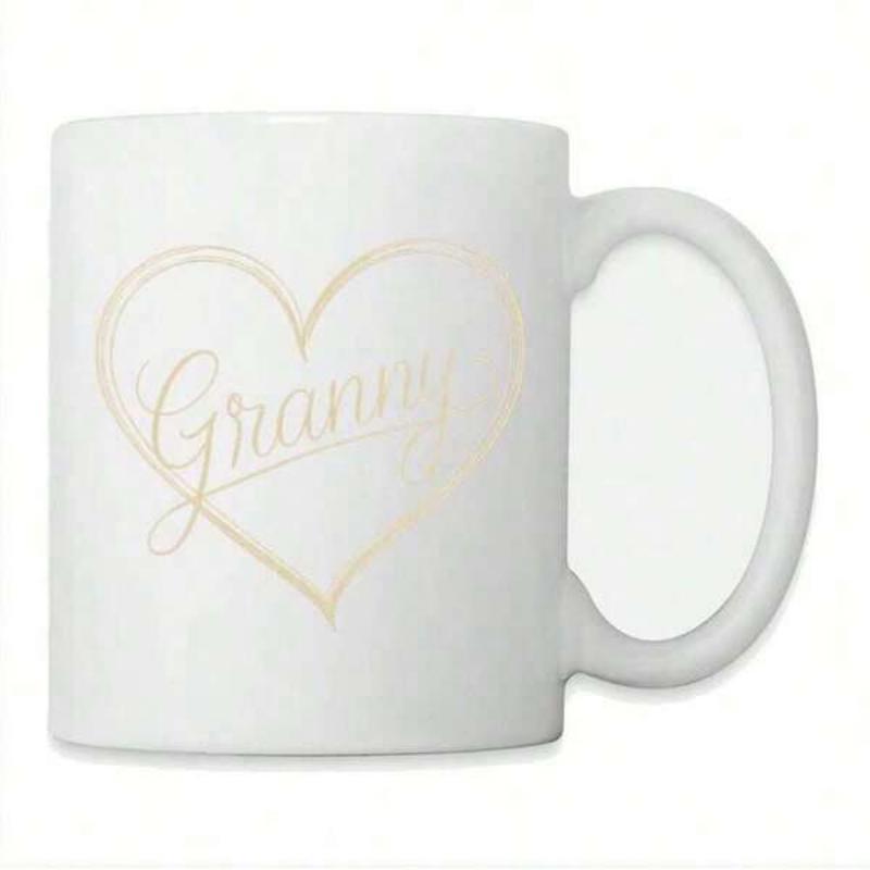 Tailorly White Ceramic 11 oz Mug - Granny Elegant Gold Outlined Minimalist Heart Shape With Smooth Flowing Lines Heart