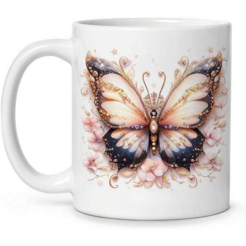 Tailorly White Ceramic 11 oz Mug - Elegant Ornate Wings With Floral Accents Floating In Soft Ethereal Light Butterfly