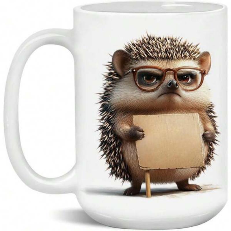 Tailorly White Ceramic 11 oz Mug - Adorable Spiky Creature Wearing Glasses Holding A Blank Sign Hedgehog