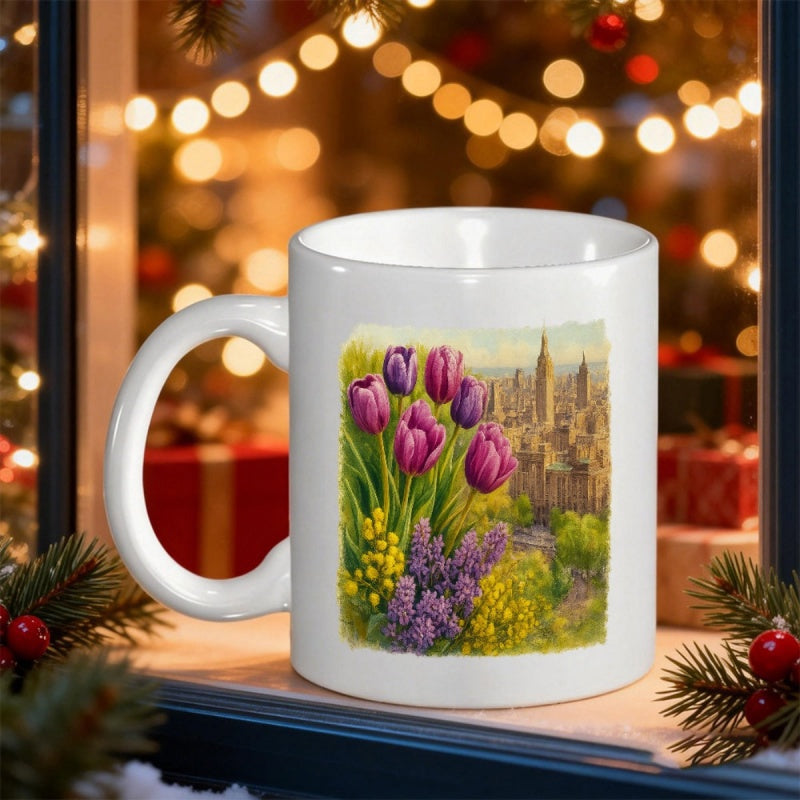 Tailorly White Ceramic 11 oz Mug - Vibrant Purple Flowers Blooming Before A Historic European Scenic City Skyline Tulip