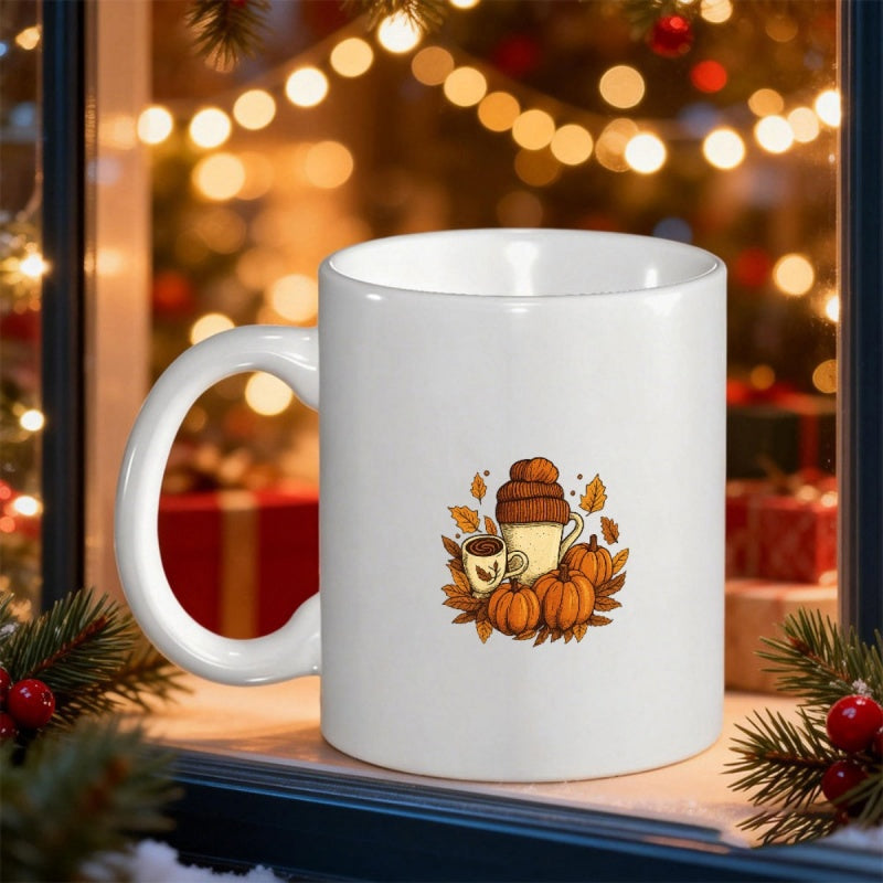 Tailorly White Ceramic 11 oz Mug - Autumn Harvest Arrangement With Cozy Coffee And Fallen Leaves Decorative Pumpkin